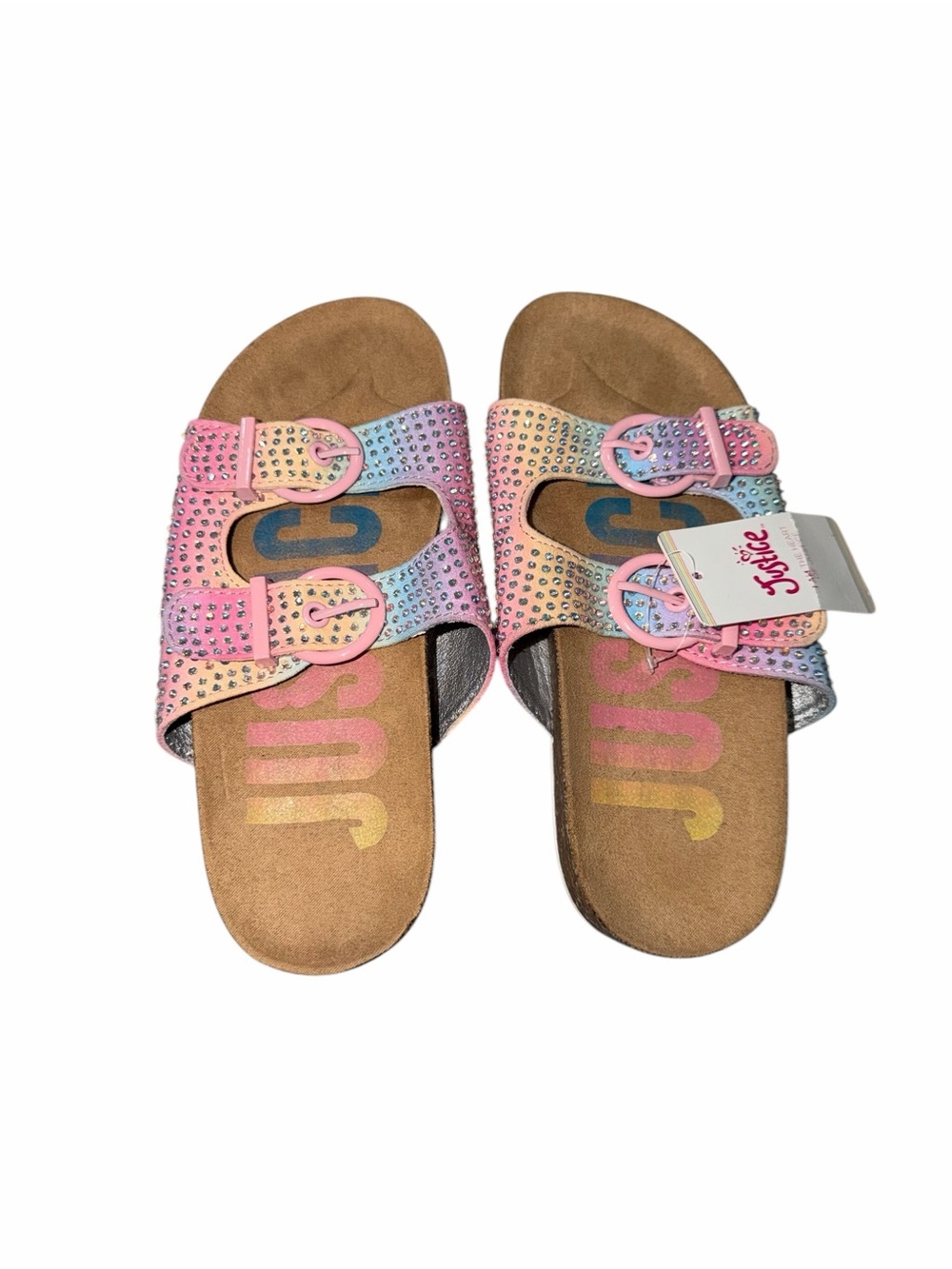 Justice Pastel Rainbow Rhinestone Double Buckle Slide Sandals